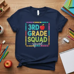3rd Grade Squad T-Shirt featuring colorful crayon border and apple graphic.
