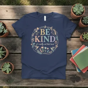 Be Kind It's Really Not That Hard T-Shirt with floral wreath design.