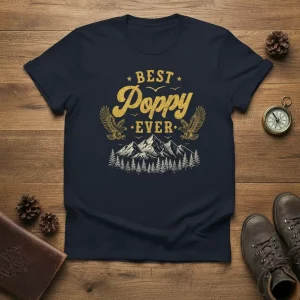Navy blue t-shirt with 'Best Poppy Ever' in distressed gold font, eagles, and mountain landscape.
