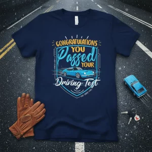 Congratulations You Passed Your Driving Test T-Shirt with a blue sports car.