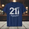 Navy blue t-shirt with white distressed text "21ST SQUAD" and a stylized bottle graphic for a 21st birthday celebration