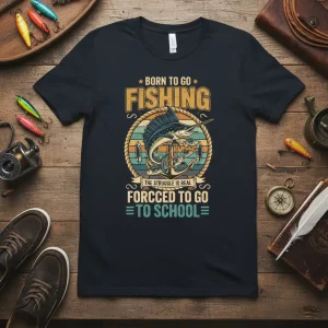 T-Shirt with "Born to Go Fishing, The Struggle is Real, Forcced to Go to School" text and a marlin graphic