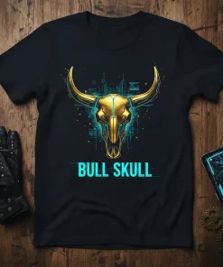 Golden bull skull with futuristic circuit board design and "BULL SKULL" text in cyan on a black t-shirt