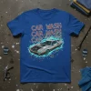 Retro car graphic with "CAR WASH CAR WASH CAR WASH" text in neon style on a blue t-shirt
