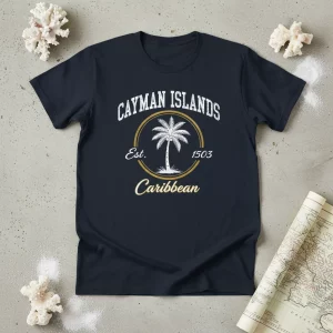 Navy t-shirt featuring "CAYMAN ISLANDS Est. 1503 Caribbean" text with a palm tree graphic inside a circle