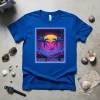 Cayo Costa FL retro sunset design with palm trees and neon border on a blue t-shirt