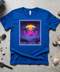 Cayo Costa FL retro sunset design with palm trees and neon border on a blue t-shirt