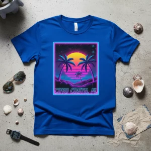 Cayo Costa FL retro sunset design with palm trees and neon border on a blue t-shirt