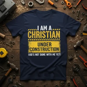 I AM A CHRISTIAN UNDER CONSTRUCTION GOD'S NOT DONE WITH ME YET! text on a navy t-shirt with yellow construction