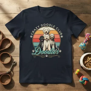 Crazy Doodle Club Doodles t-shirt design featuring a group of doodles in a retro sunset circle with "Doodles" text below