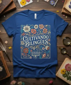 Cultivando Bilingues t-shirt with floral border and open book graphic, celebrating language learning and bilingualism