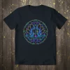 Cyberpunk Yoga Meditation Lotus Pose T-Shirt design featuring a neon human figure in a lotus position within a floral and