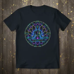 Cyberpunk Yoga Meditation Lotus Pose T-Shirt design featuring a neon human figure in a lotus position within a floral and