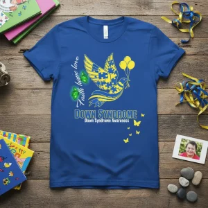Down Syndrome Awareness Faith Hope Love stylish graphic design printed on comfortable cotton t-shirt