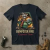 Dumpster Fire Response Team t-shirt design with a raccoon holding a fire extinguisher next to a laptop in a burning