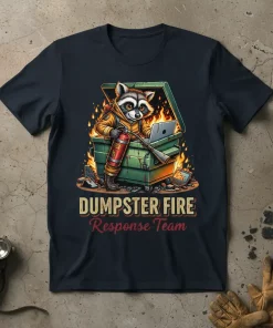 Dumpster Fire Response Team t-shirt design with a raccoon holding a fire extinguisher next to a laptop in a burning