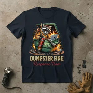 Dumpster Fire Response Team t-shirt design with a raccoon holding a fire extinguisher next to a laptop in a burning