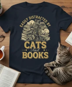 Easily Distracted By Cats And Books t-shirt design featuring stacked books and cats, with distressed typography