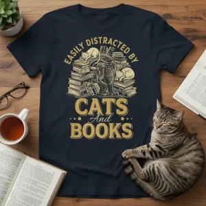 Easily Distracted By Cats And Books t-shirt design featuring stacked books and cats, with distressed typography