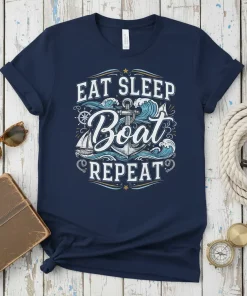 Eat Sleep Boat Repeat nautical design on a navy t-shirt featuring an anchor, sailboat, and waves