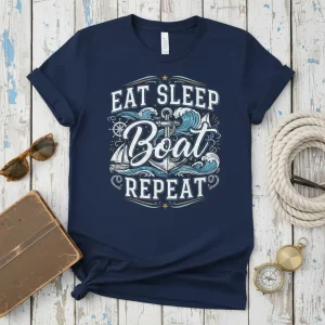 Eat Sleep Boat Repeat nautical design on a navy t-shirt featuring an anchor, sailboat, and waves