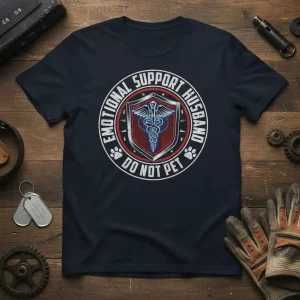 Emotional Support Husband Do Not Pet t-shirt featuring a caduceus symbol and paw prints