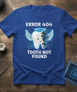 Error 404 Tooth Not Found funny quote on a blue t-shirt with a graphic of a winged tooth