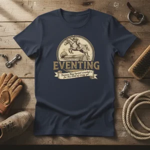 Navy blue t-shirt with vintage-style graphic of a horse and rider jumping a fence, text reads "EVENTING Because they haven't