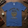 Excuse Me Miss My Eyes Are Up Here t-shirt design with a steampunk mechanical beard graphic and bold text