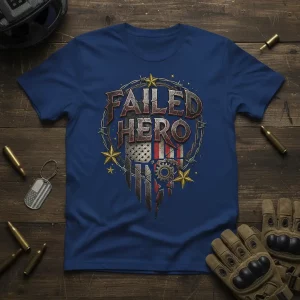 Failed Hero T-Shirt design with distressed American flag and barbed wire elements