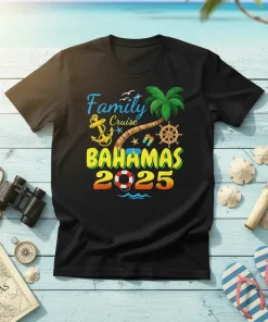 Family Cruise Bahamas 2025 text with palm tree, anchor, ship's wheel, and life preserver graphics on a black t-shirt