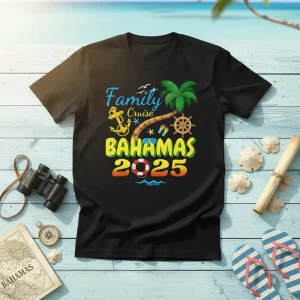 Family Cruise Bahamas 2025 text with palm tree, anchor, ship's wheel, and life preserver graphics on a black t-shirt