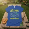 Father Mows Best t-shirt design with a riding mower graphic and green and yellow text