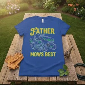 Father Mows Best t-shirt design with a riding mower graphic and green and yellow text