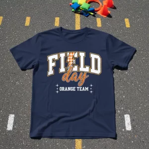 Navy t-shirt with "FIELD day ORANGE TEAM" text, featuring orange and white checkered lightning bolt graphic