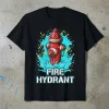 Fire Hydrant T-Shirt design with red hydrant and blue water splashes, featuring the text FIRE HYDRANT