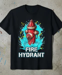 Fire Hydrant T-Shirt design with red hydrant and blue water splashes, featuring the text FIRE HYDRANT