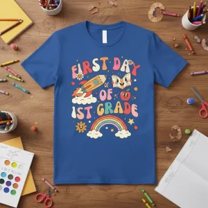 Retro "First Day of 1st Grade" text with rocket, book, apple, and rainbow graphics on a blue t-shirt