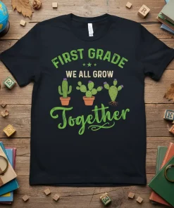 First Grade We All Grow Together t-shirt with green cactus design and text