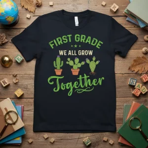 First Grade We All Grow Together t-shirt with green cactus design and text