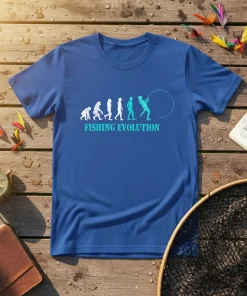 Fishing Evolution t-shirt design showing human evolution stages ending with a fisherman casting a line