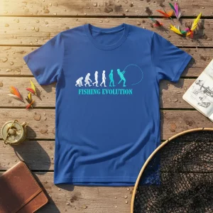 Fishing Evolution t-shirt design showing human evolution stages ending with a fisherman casting a line