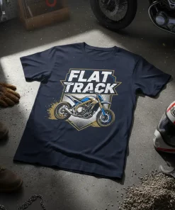 Flat Track Motorcycle Racing T-Shirt design with bold text and a detailed flat track motorcycle graphic