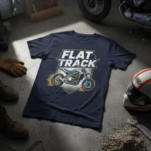 Flat Track Motorcycle Racing T-Shirt design with bold text and a detailed flat track motorcycle graphic