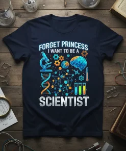 Forget Princess I Want To Be A Scientist t-shirt with microscope, DNA, brain, and test tube graphics