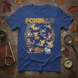 T-shirt featuring a circular design labeled "Foxes of the World" with illustrations and names of 12 different fox species like