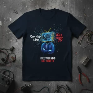 Free Your Mind Kill Your TV t-shirt design with a retro TV, brain graphic, and bold text