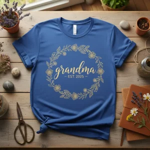 Grandma Est 2025 text inside a golden floral wreath on a blue t-shirt