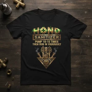 Steampunk HAND SANITIZER PUMP 10-15 TIMES THEN RUB IN VIGROUSLY text design with gears and engine graphic on a black