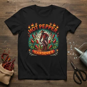 Hot Pepper Gardener t-shirt design featuring a person watering chili plants with flames around the text